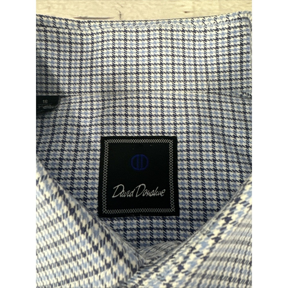 David Donahue Mens Fit Dress Shirt Blue White Micro Check 16 32/33 Cotton - Picture 3 of 10